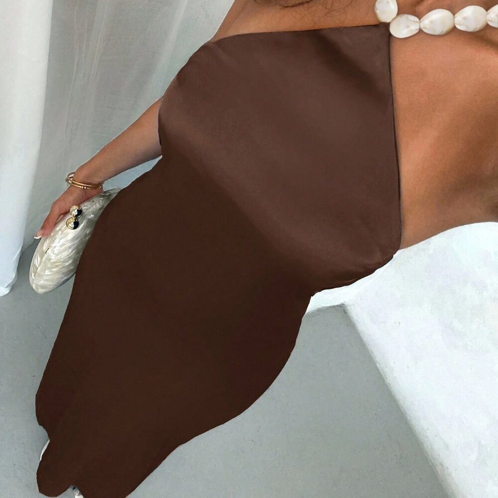 Coffee Brown Sexy Tropical Vacation Women's Elegant Maxi Dress Halter Back Slit